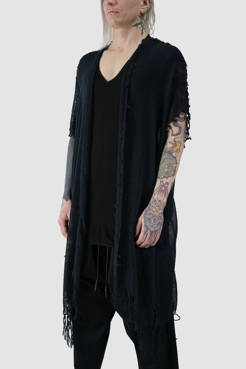 XConcept - front side view of Black Loose Ripped Cotton Hemp Cardigan