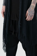 XConcept - front detail view of Black Loose Ripped Cotton Hemp Cardigan