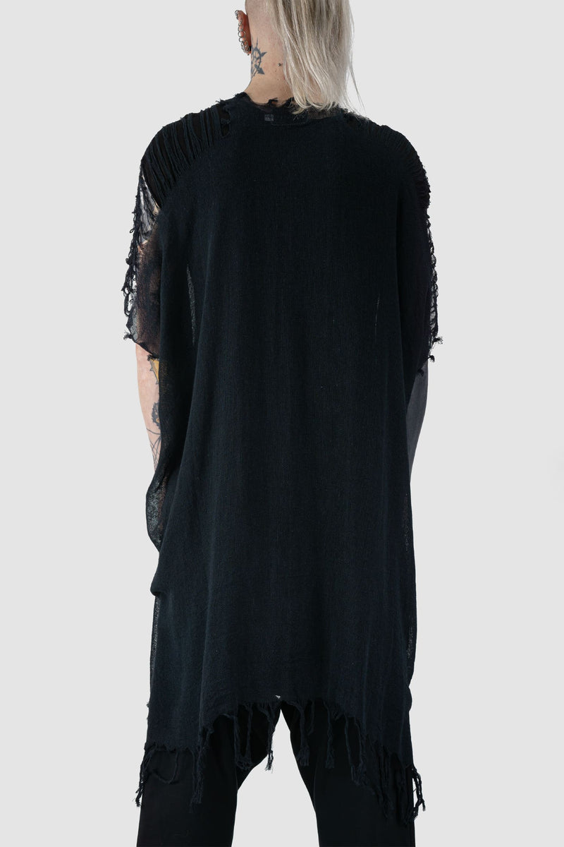 XConcept - back view of Black Loose Ripped Cotton Hemp Cardigan