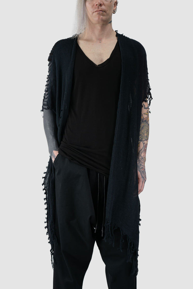 XConcept - relaxed fit view of Black Loose Ripped Cotton Hemp Cardigan