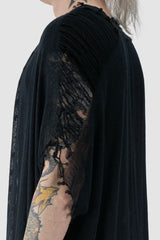 XConcept - shoulder detail view of Black Loose Ripped Cotton Hemp Cardigan