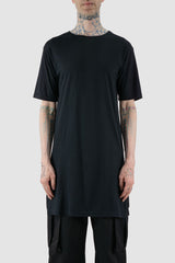 XConcept - Front view of black overlength bamboo T-shirt for men with side slits, round neckline, FW24 Collection.