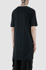 XConcept - back side view of black overlength bamboo T-shirt for men with side slits, round neckline, FW24 Collection.