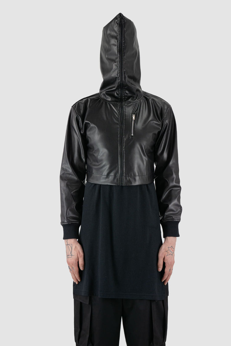 XConcept - hood view of black hooded jacket made of vegan leather for men with slightly shortened sleeves, cropped 'bolero' length, FW24 Collection.