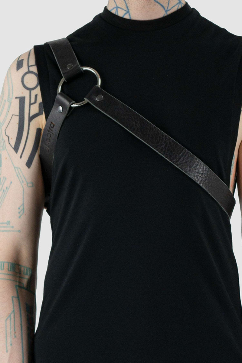 Front detail view of Black Y Leather Harness with adjustable buckles and thick leather, OBECTRA