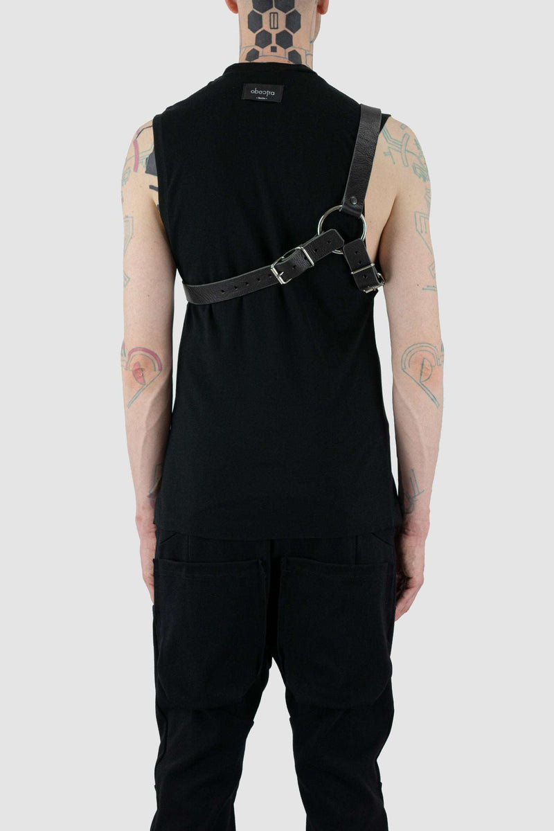 Back styling view of Black Y Leather Harness with adjustable buckles and thick leather, OBECTRA