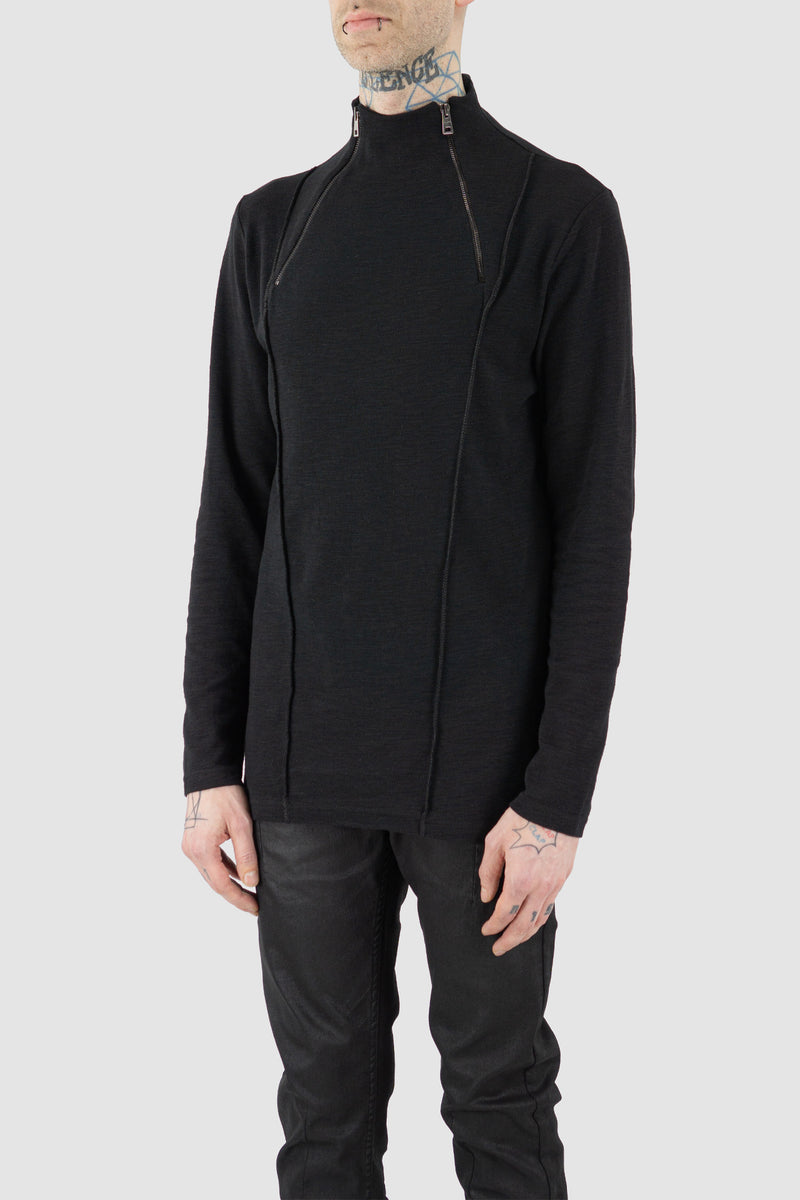 LA HAINE INSIDE US Black Sweater - FW23 Collection | 100% Cotton, Double Zip High Neck | Straight Fit, Overlook Seam Details | Made in Italy
