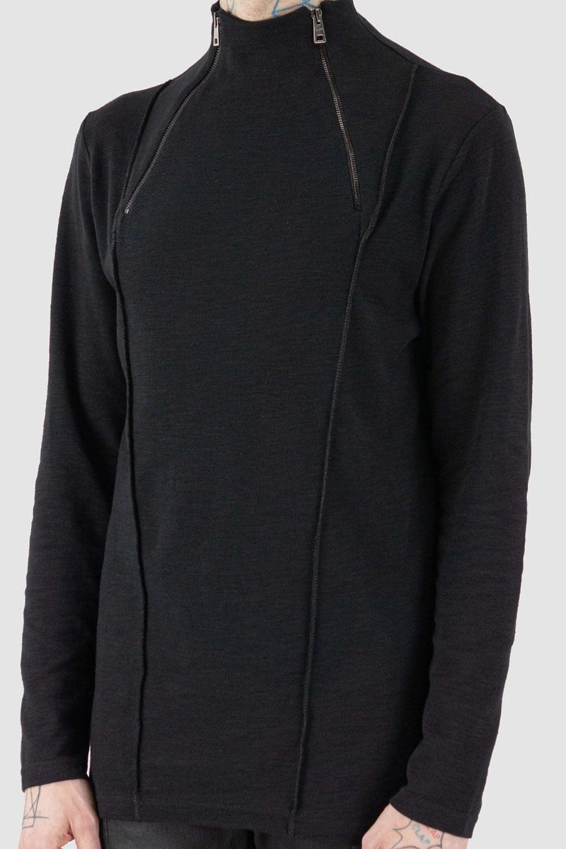 Side view of Black Sweater for Men with high neck and double zipper, LA HAINE INSIDE US