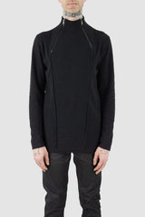 Front view of Black Sweater for Men with high neck and double zipper, LA HAINE INSIDE US