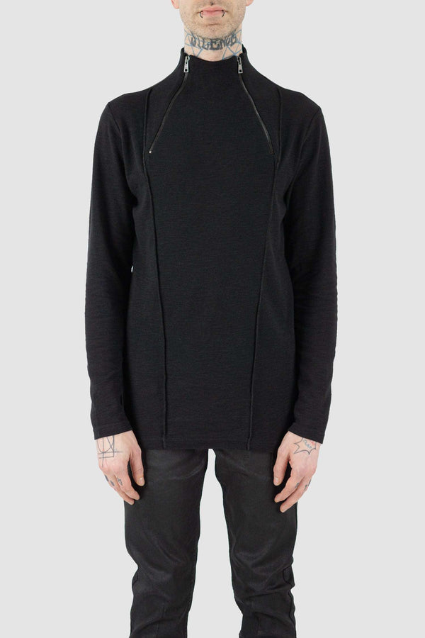 Front view of Black Sweater for Men with high neck and double zipper, LA HAINE INSIDE US