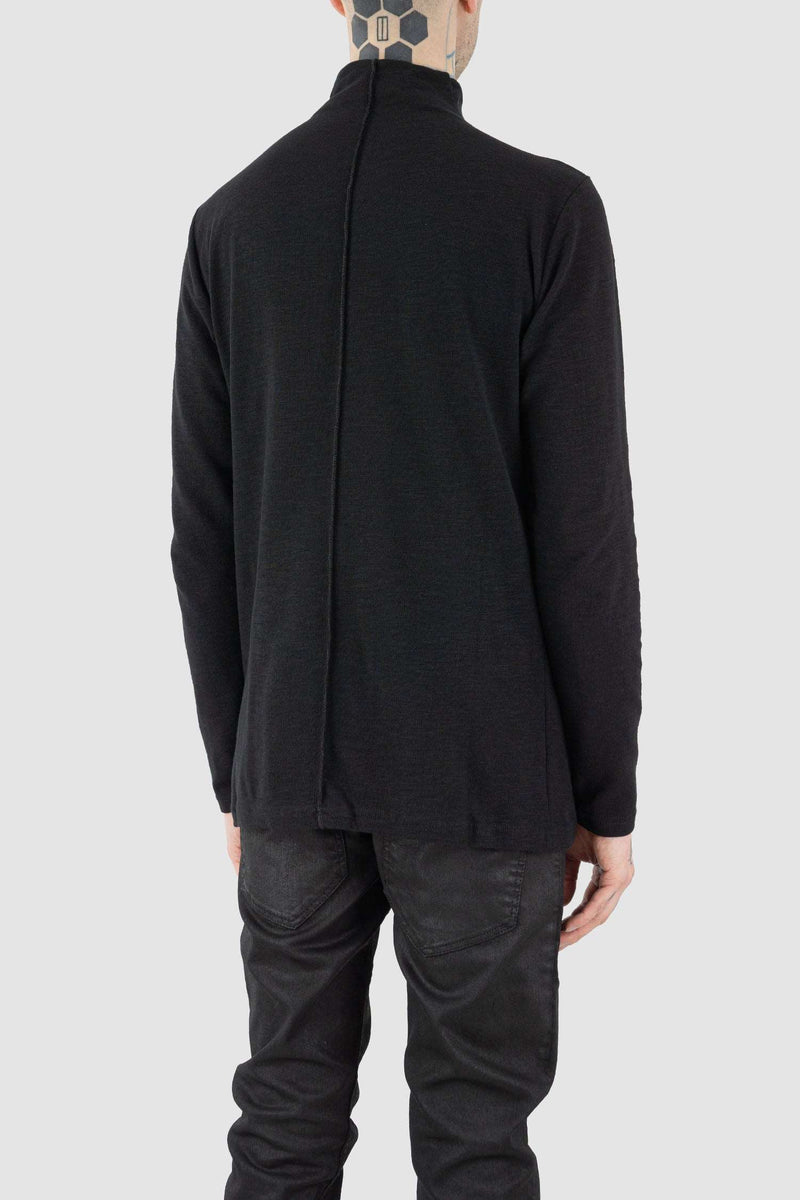 Back view of Black Sweater for Men with high neck and double zipper, LA HAINE INSIDE US