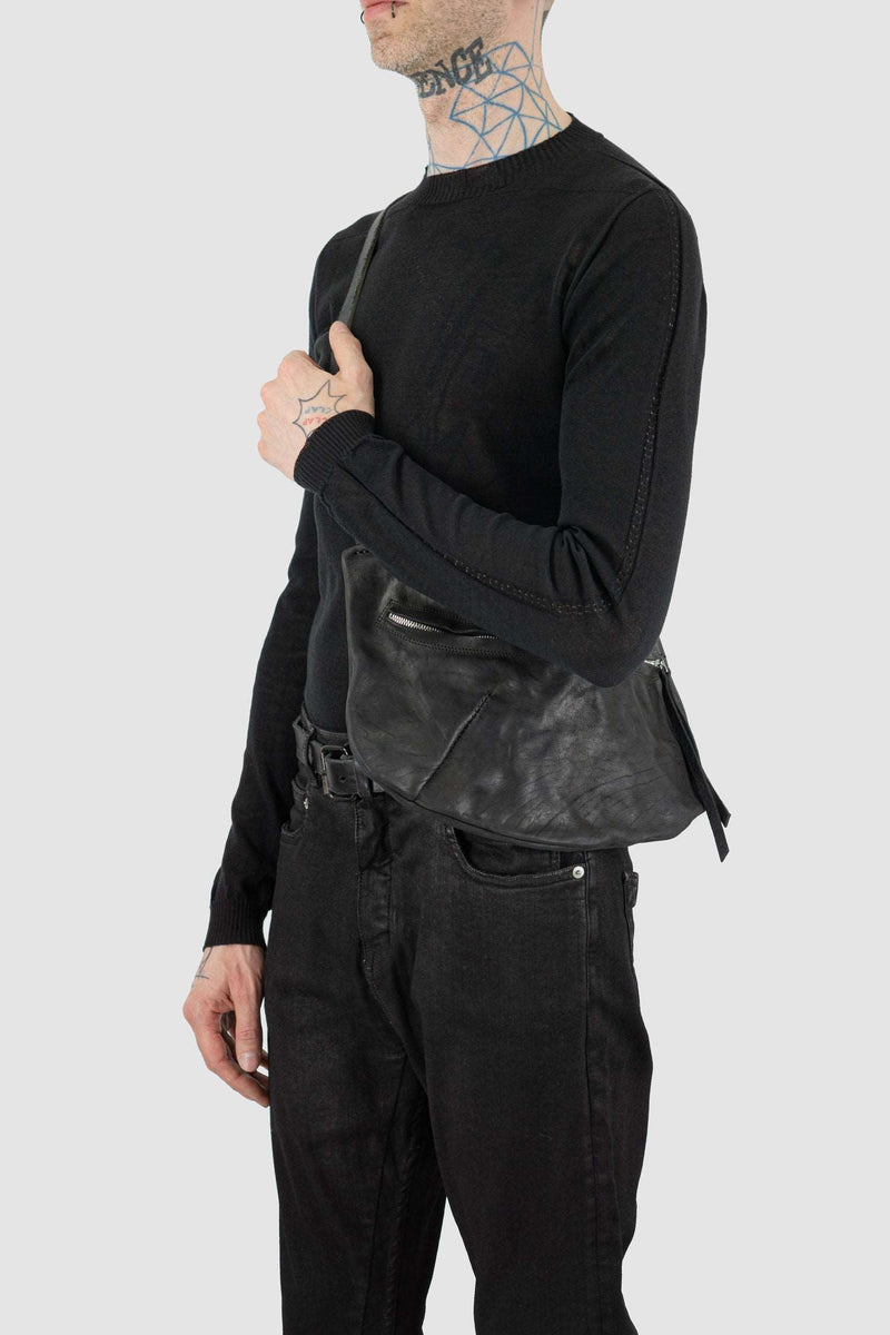 Side view of Black Leather Sling Bag with adjustable strap and inner pocket, _0.HIDE