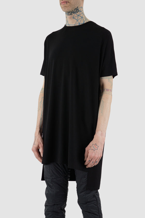 Side view of Black Boxy T-Shirt for Men with long and loose fit, FW23, NOMEN NESCIO