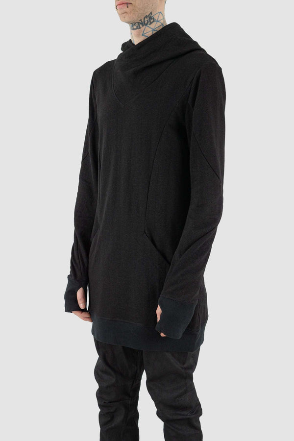 Side view of Black Bulk Hood Sweat for Men with thumbhole details, LEON LOUIS