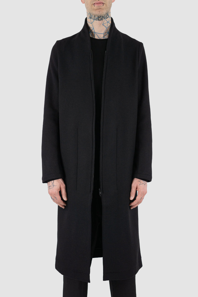 Open view of Black Wool Long Zipper Jacket for Men with straight cut, FW23, NOMEN NESCIO