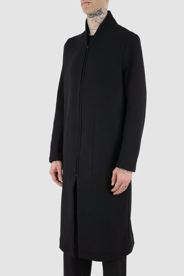 Side view of Black Wool Long Zipper Jacket for Men with straight cut, FW23, NOMEN NESCIO
