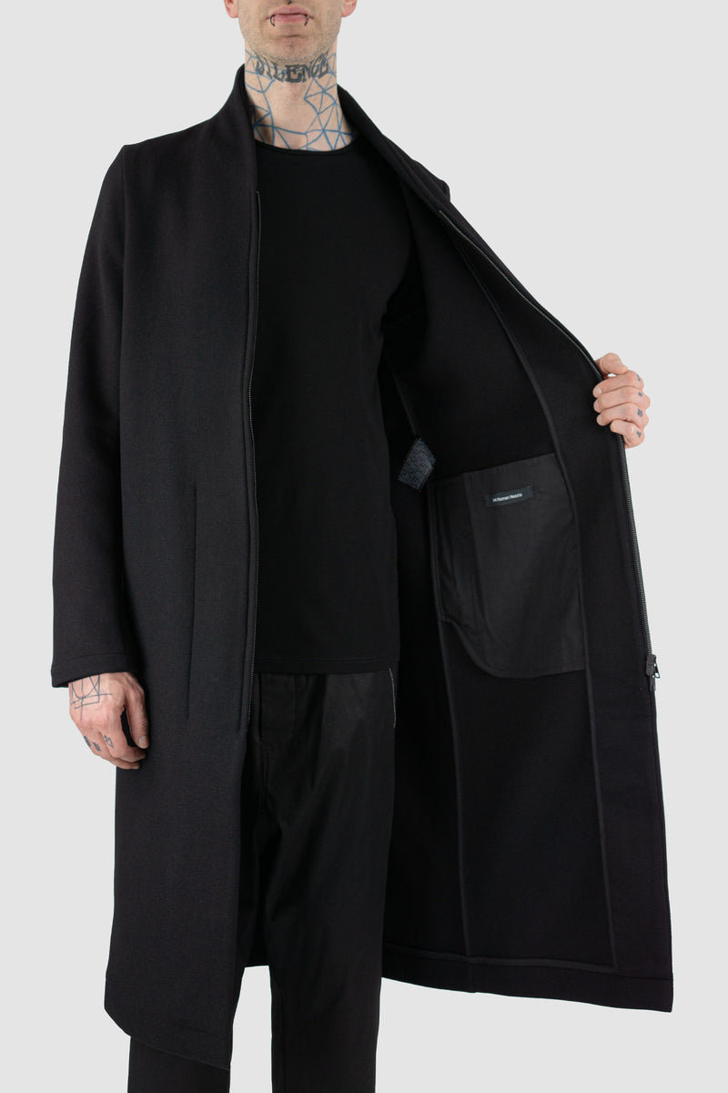 Close up view of Black Wool Long Zipper Jacket for Men with straight cut, FW23, NOMEN NESCIO