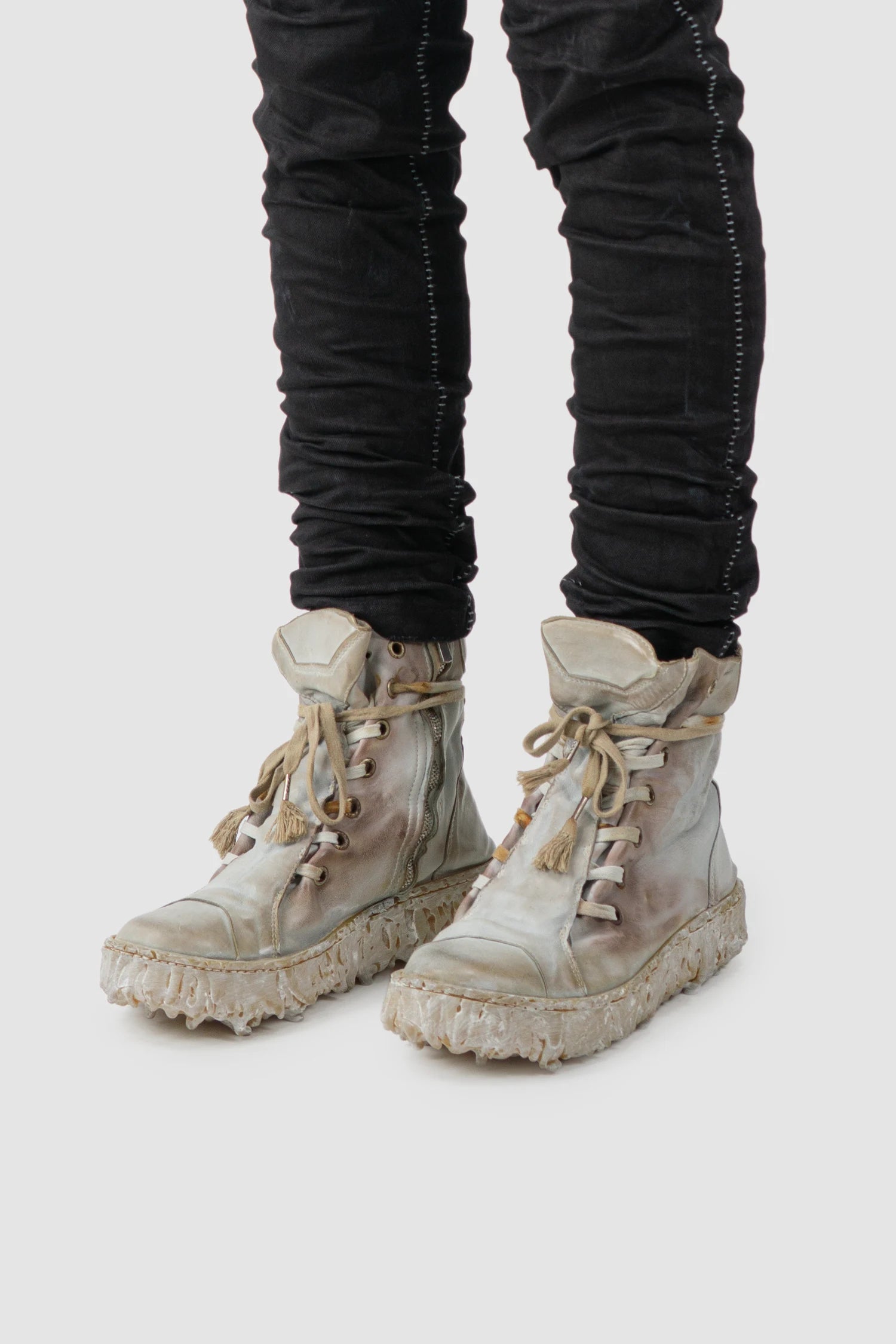 Culture of Brave - model front side view of men’s Grey Object Dyed High Top Leather Sneaker - MELM2