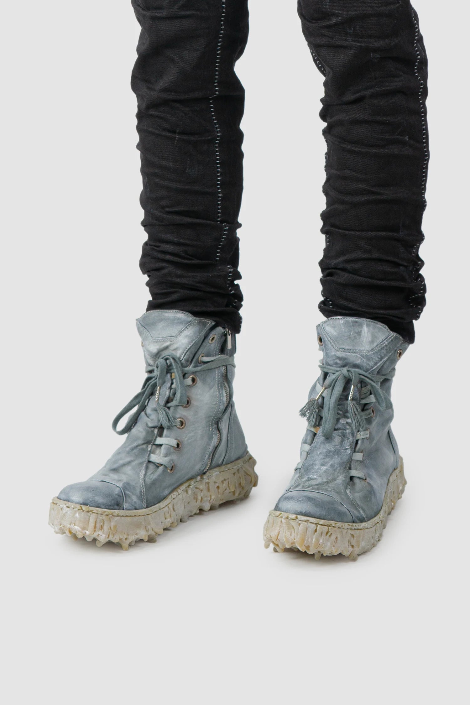 Culture of Brave - model front side view of men’s Shale Grey Object Dyed Folded High Top Leather Sneaker - MELM2