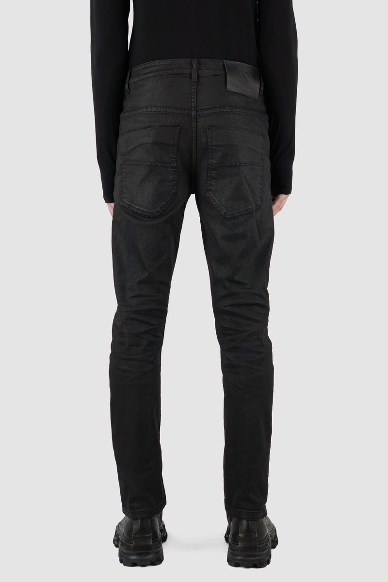 Back view of Black Waxed Dart Cut Denim Jeans for Men with five pockets, LEON LOUIS