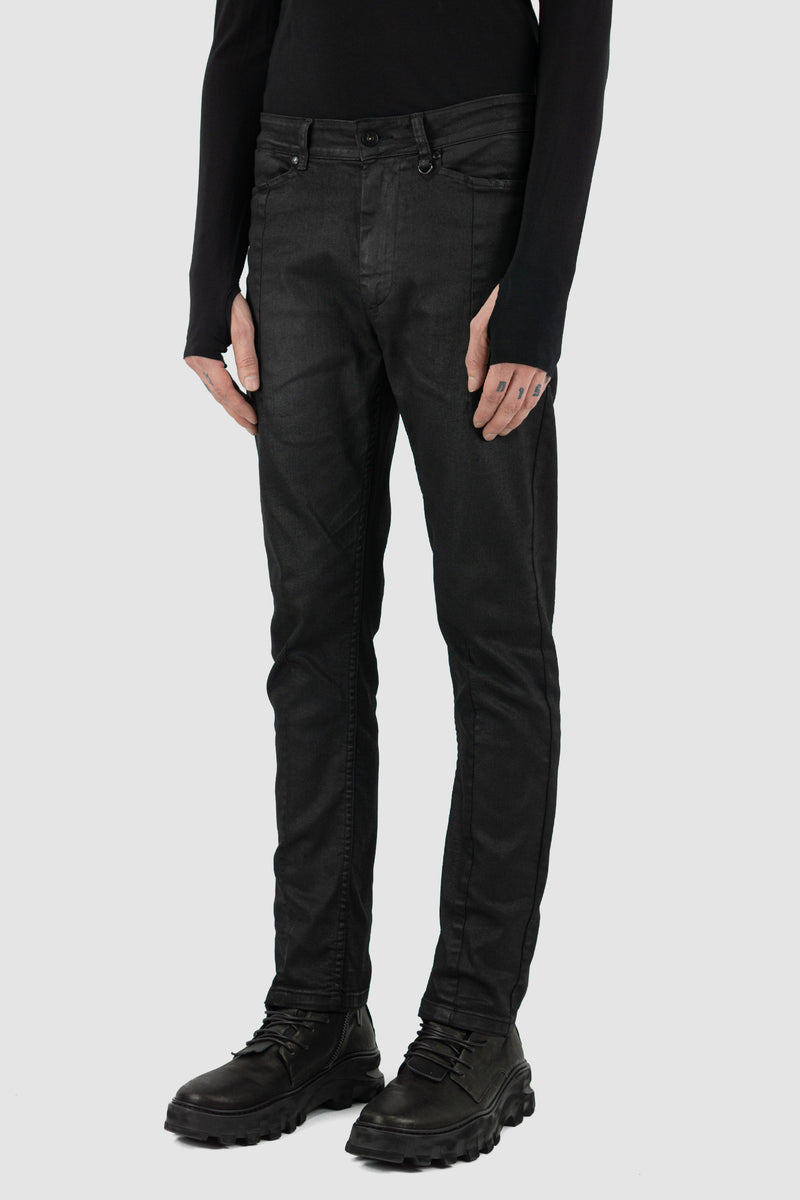 Side view of Black Waxed Dart Cut Denim Jeans for Men with five pockets, LEON LOUIS