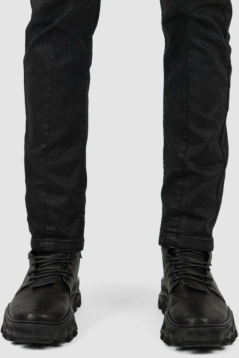 Detail view of Black Waxed Dart Cut Denim Jeans for Men with five pockets, LEON LOUIS