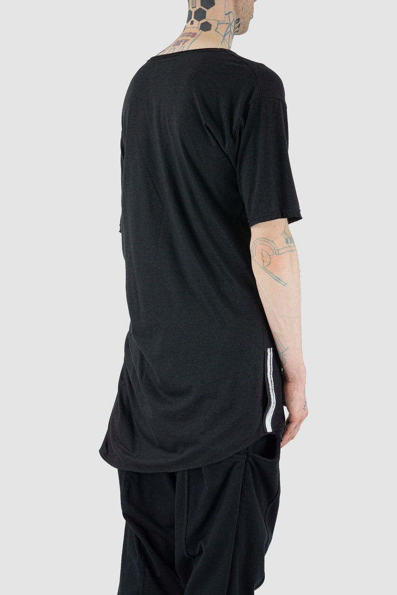 Top view of Black Curtain Top Tee highlighting slim fit, XCONCEPT