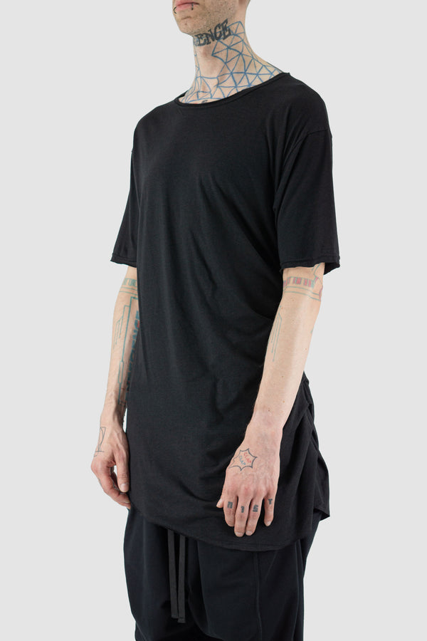 Side view of Black Curtain Top Tee showing round neck, XCONCEPT