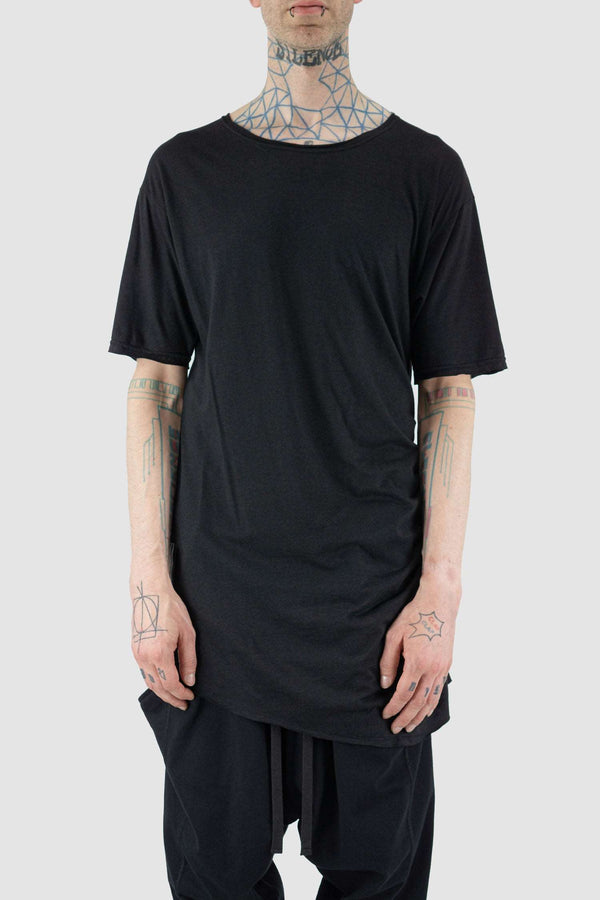 Front view of Black Curtain Top Tee with back draping, XCONCEPT