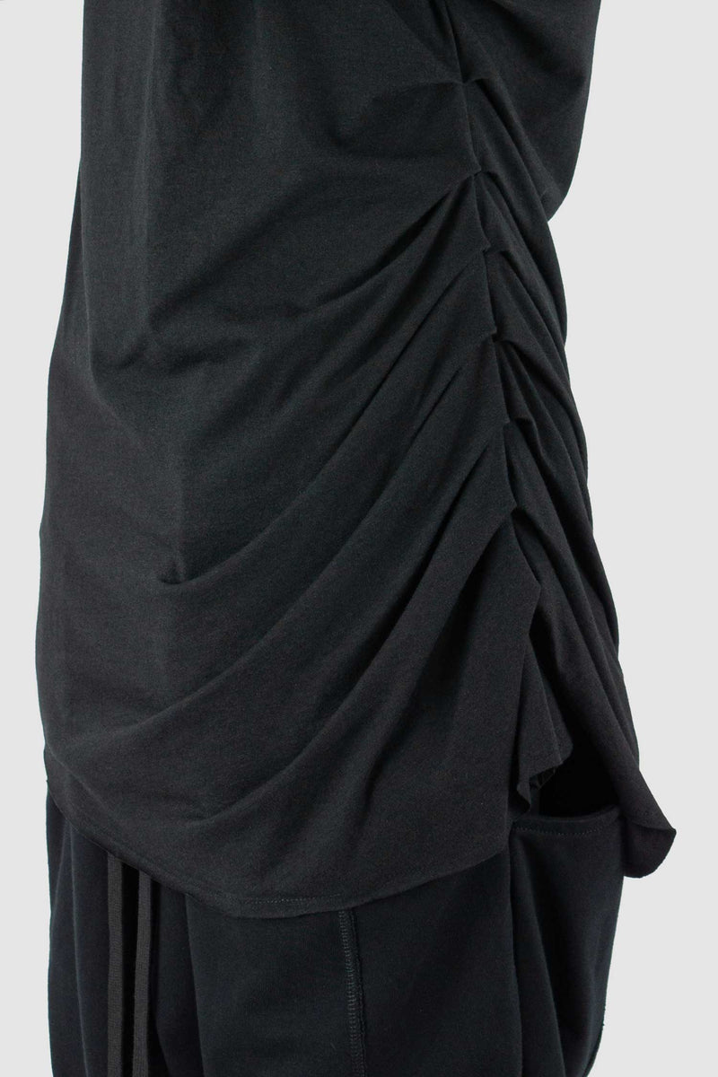Detail view of Black Curtain Top Tee with 100% cotton bamboo fabric, XCONCEPT
