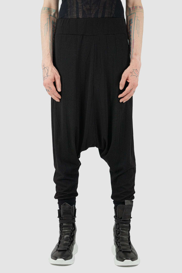 Front view of Black Harem Mix Blend Sweatpants for Men with deep crotch detail, LA HAINE INSIDE US