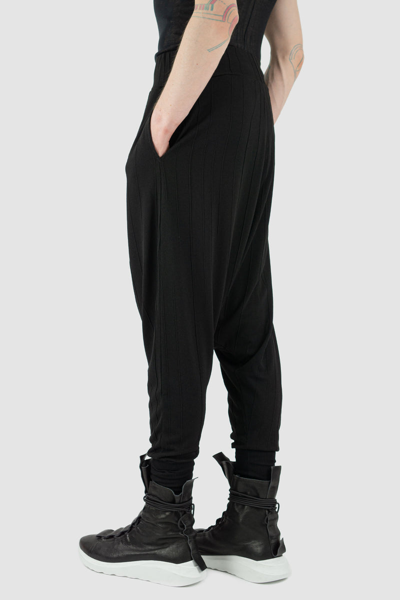 Side view of Black Harem Mix Blend Sweatpants for Men with deep crotch detail, LA HAINE INSIDE US