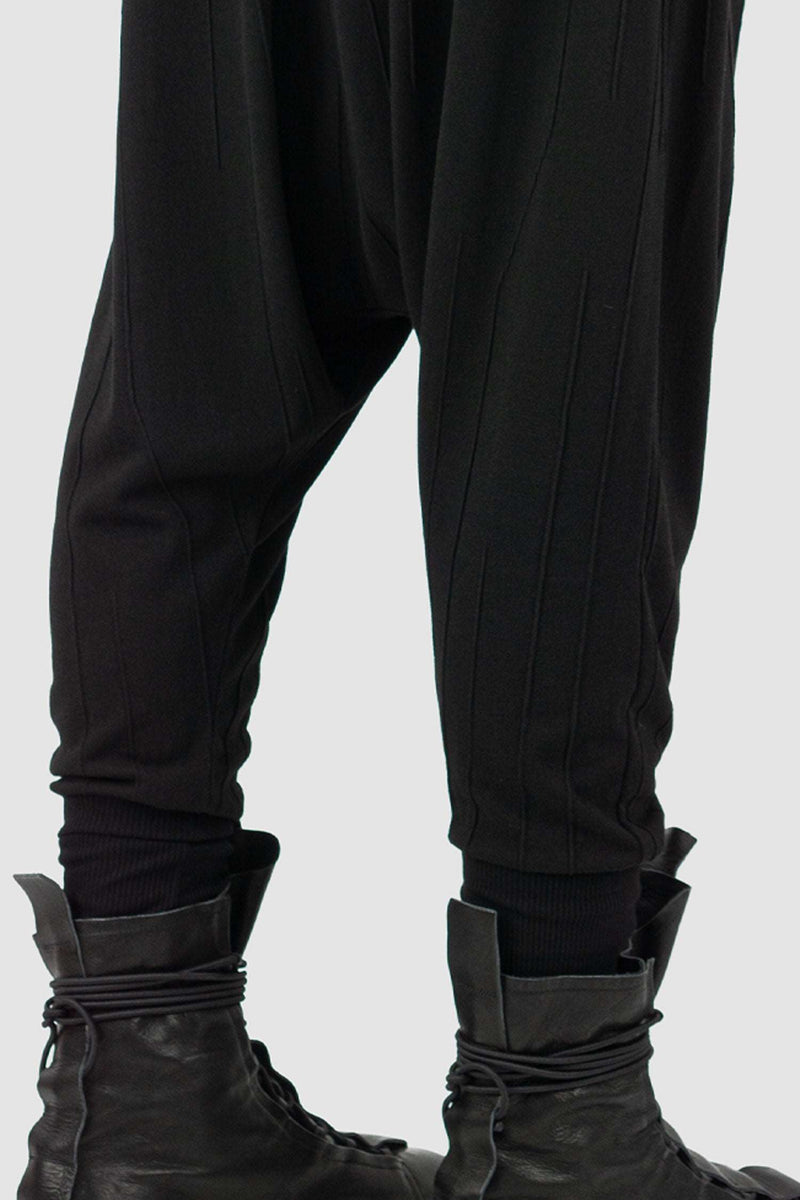 Back view of Black Harem Mix Blend Sweatpants for Men with deep crotch detail, LA HAINE INSIDE US