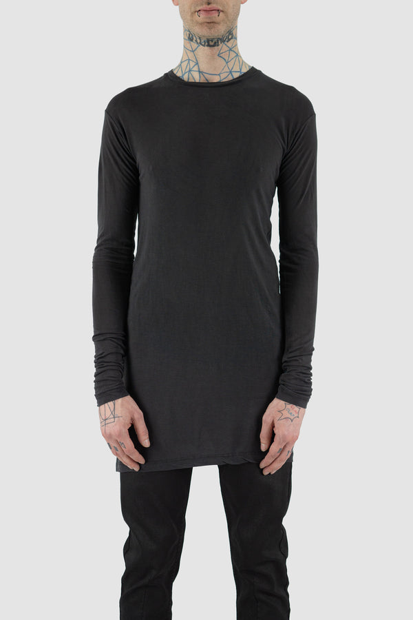 Front view of Black Long Sleeved Ennom Tee for Men with relaxed shape, LEON LOUIS