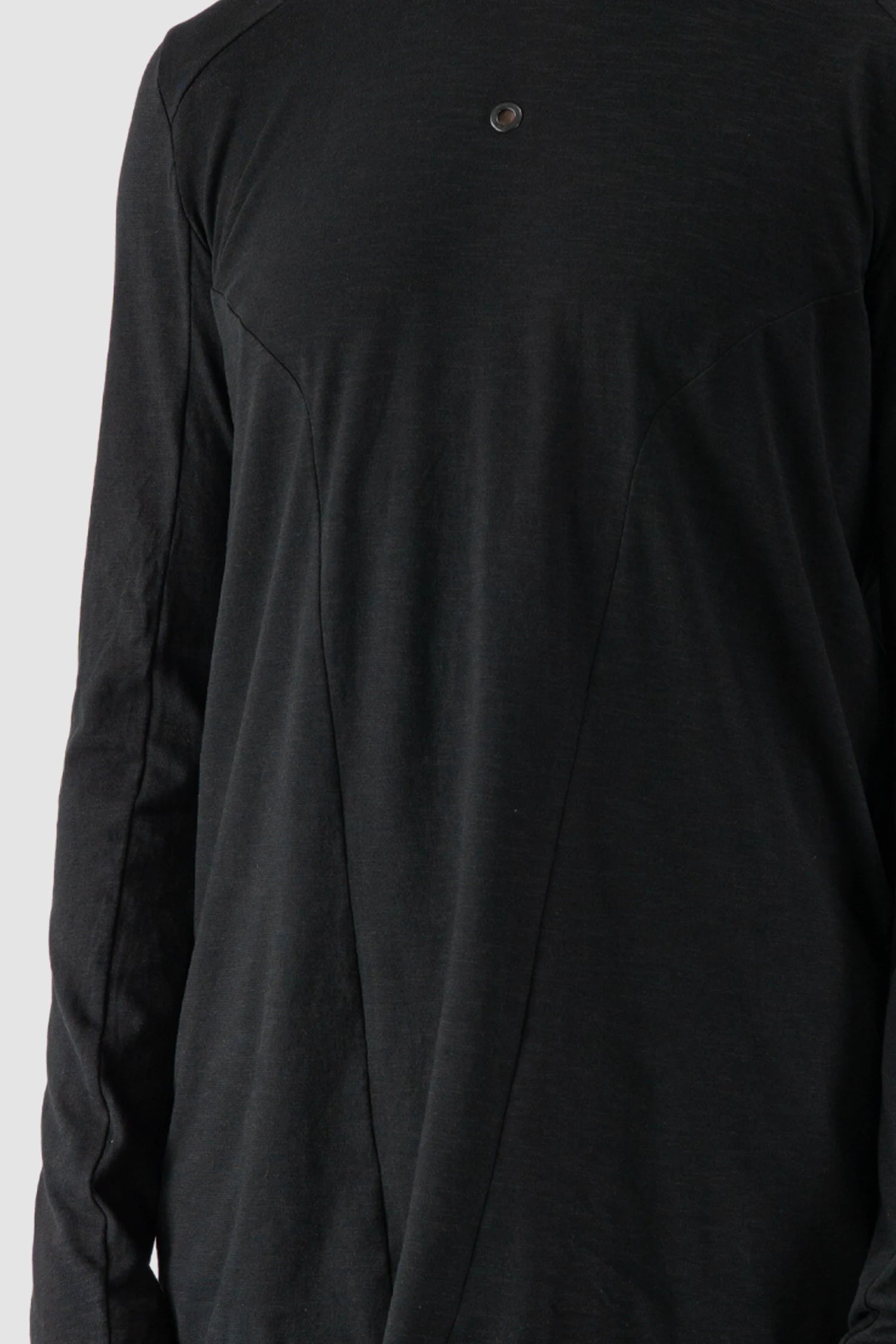 Gall Laboratories by Justin Gall - chest detail view of men’s Black Brushed Cotton Geometric Seam Long Sleeve T-Shirt