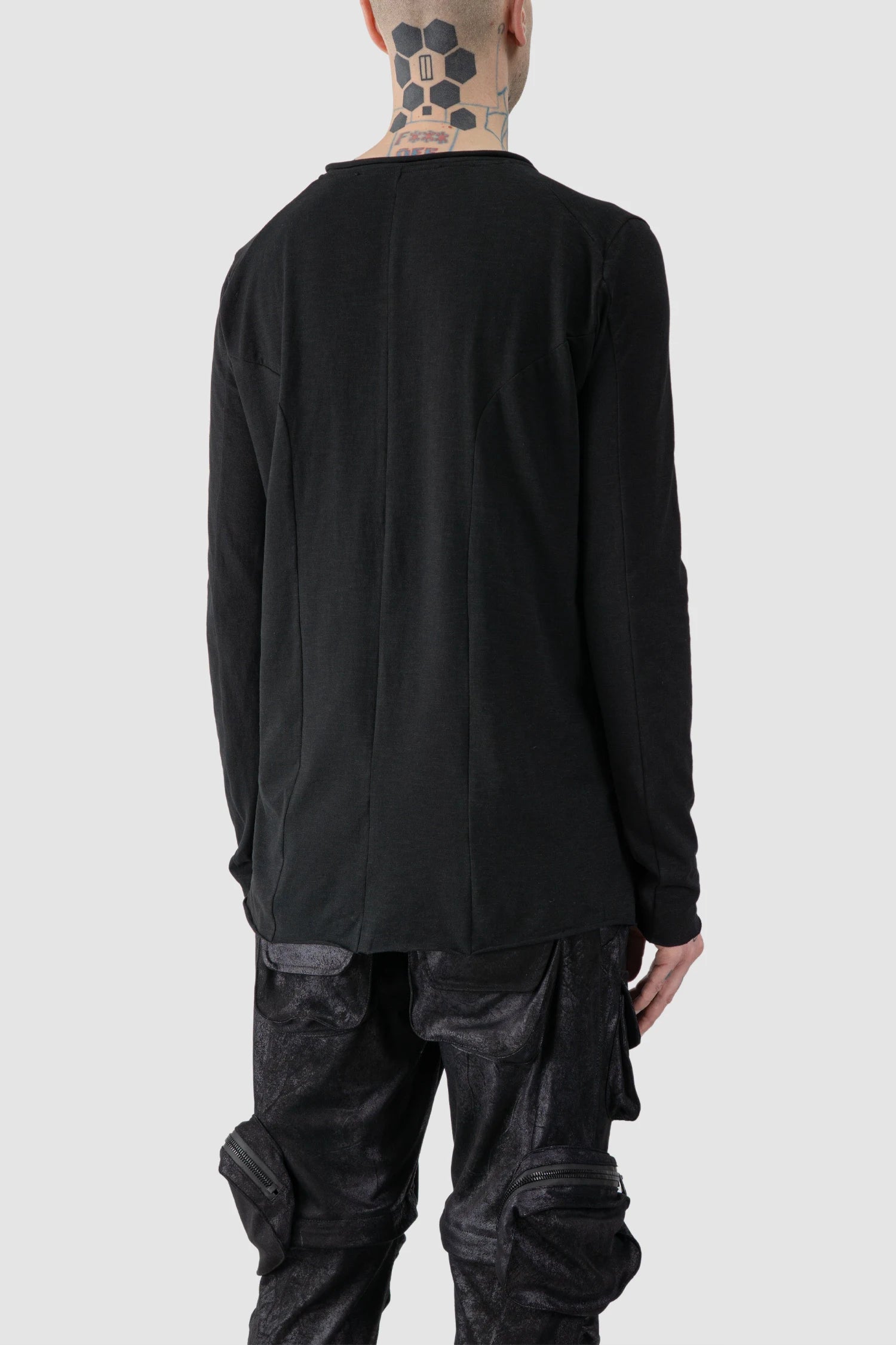 Gall Laboratories by Justin Gall - model back side view of men’s Black Brushed Cotton Geometric Seam Long Sleeve T-Shirt