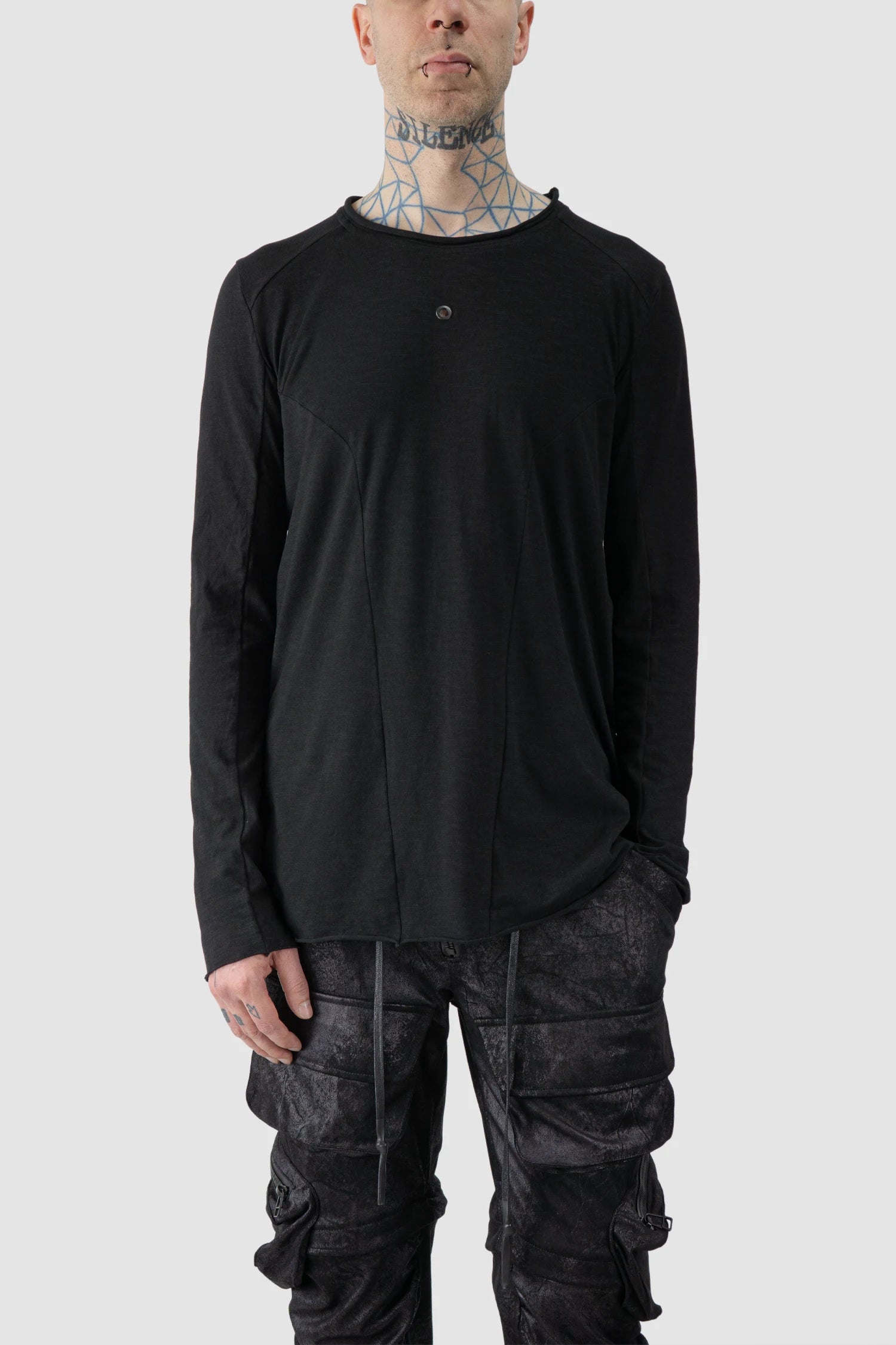 Gall Laboratories by Justin Gall - model front relaxed view of men’s Black Brushed Cotton Geometric Seam Long Sleeve T-Shirt