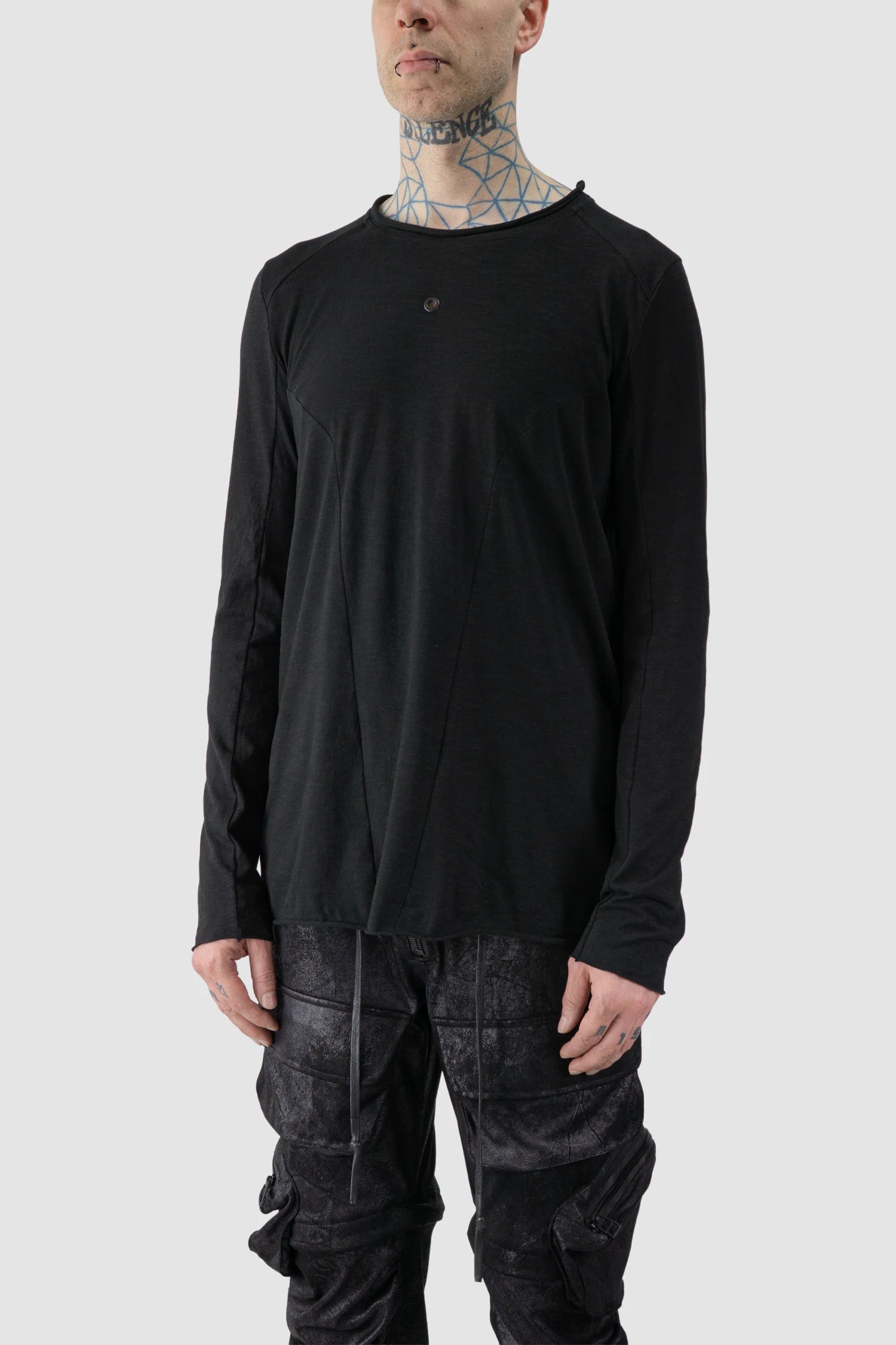 Gall Laboratories by Justin Gall - model front side view of men’s Black Brushed Cotton Geometric Seam Long Sleeve T-Shirt