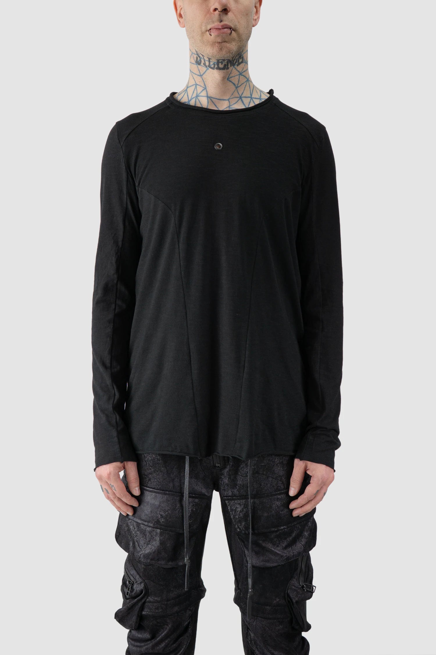 Gall Laboratories by Justin Gall - model front view of men’s Black Brushed Cotton Geometric Seam Long Sleeve T-Shirt