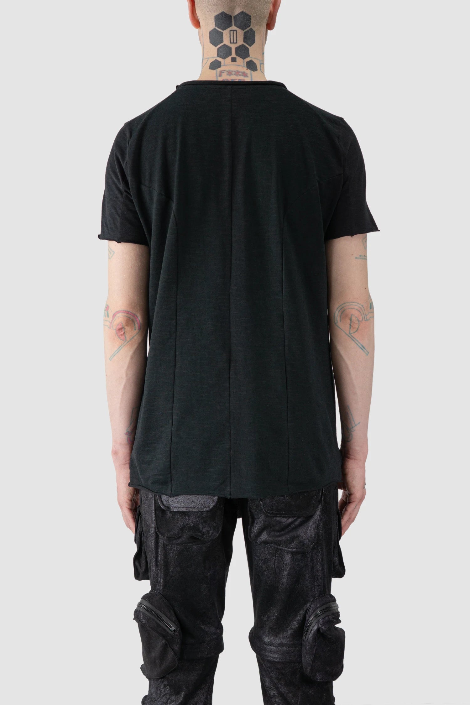 Gall Laboratories by Justin Gall - model back view of men’s Black Brushed Cotton Geometric Seam Short Sleeve T-Shirt