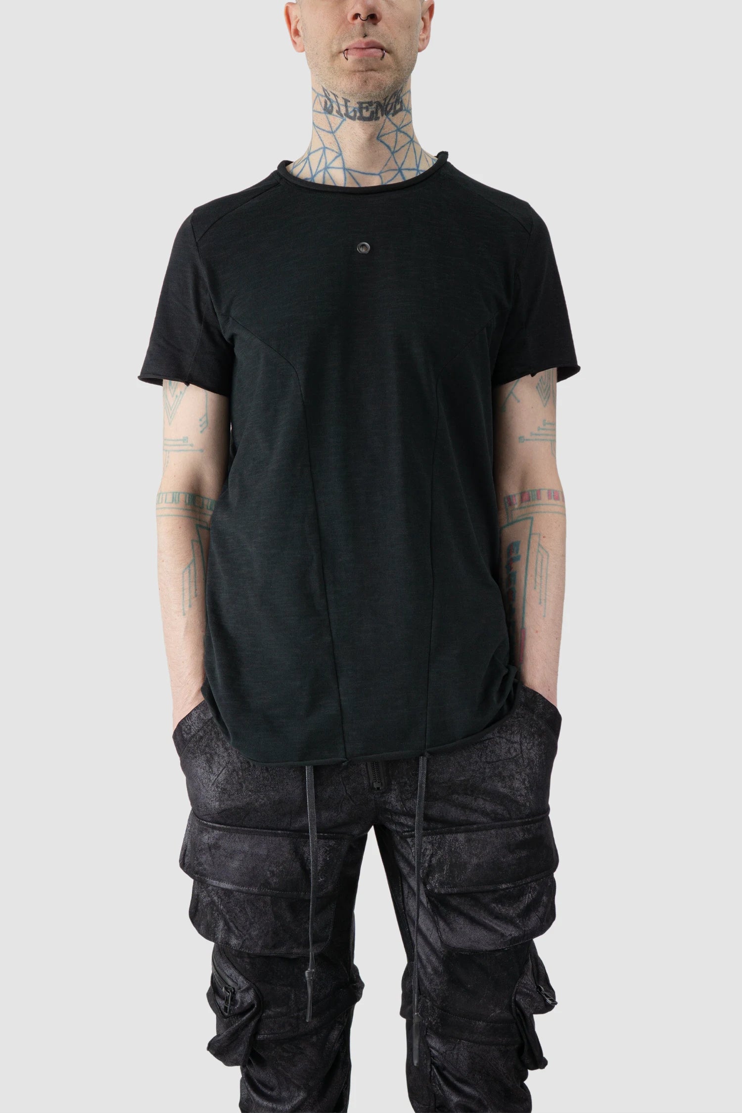 Gall Laboratories by Justin Gall - model front relaxed view of men’s Black Brushed Cotton Geometric Seam Short Sleeve T-Shirt