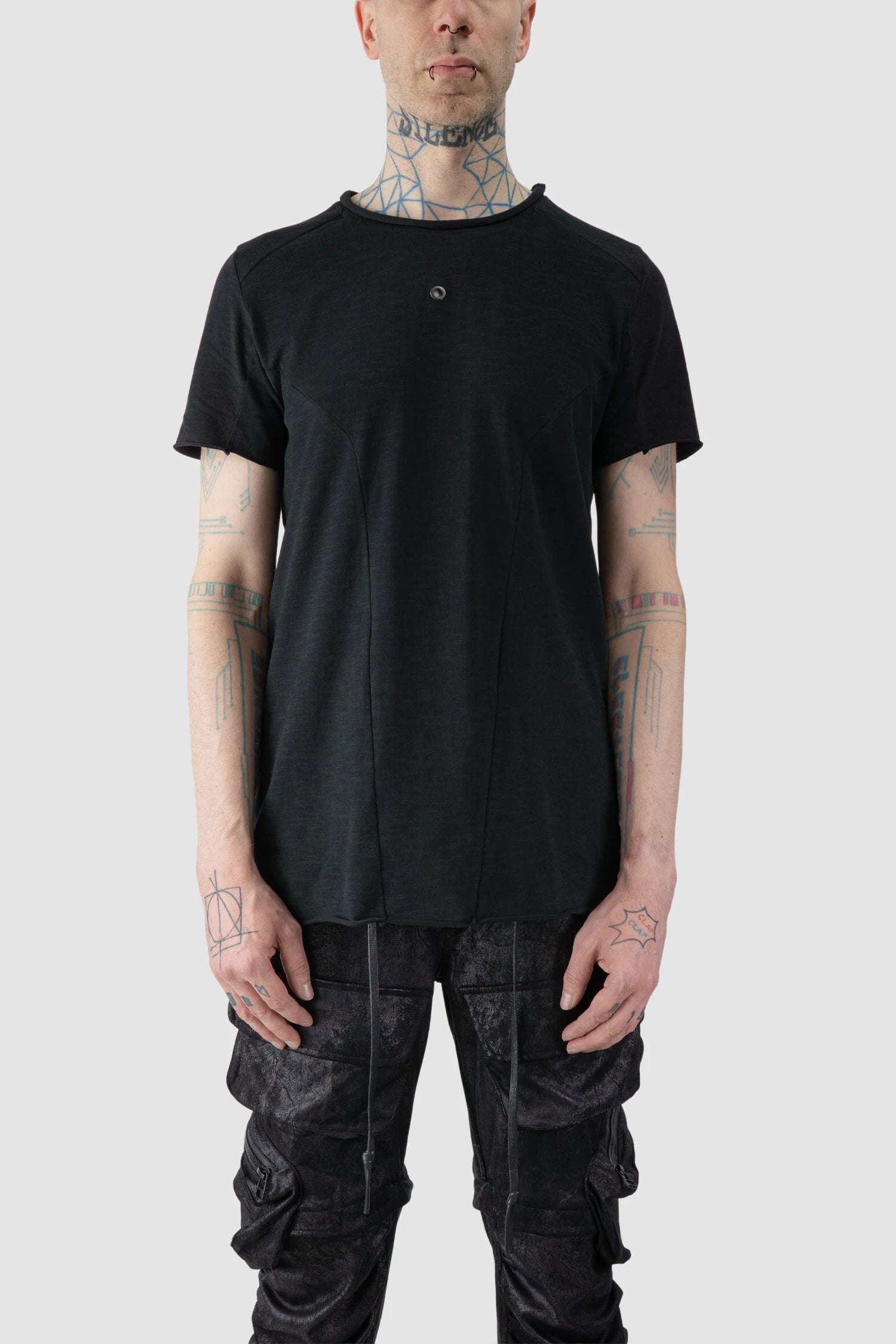 Gall Laboratories by Justin Gall - model front view of men’s Black Brushed Cotton Geometric Seam Short Sleeve T-Shirt