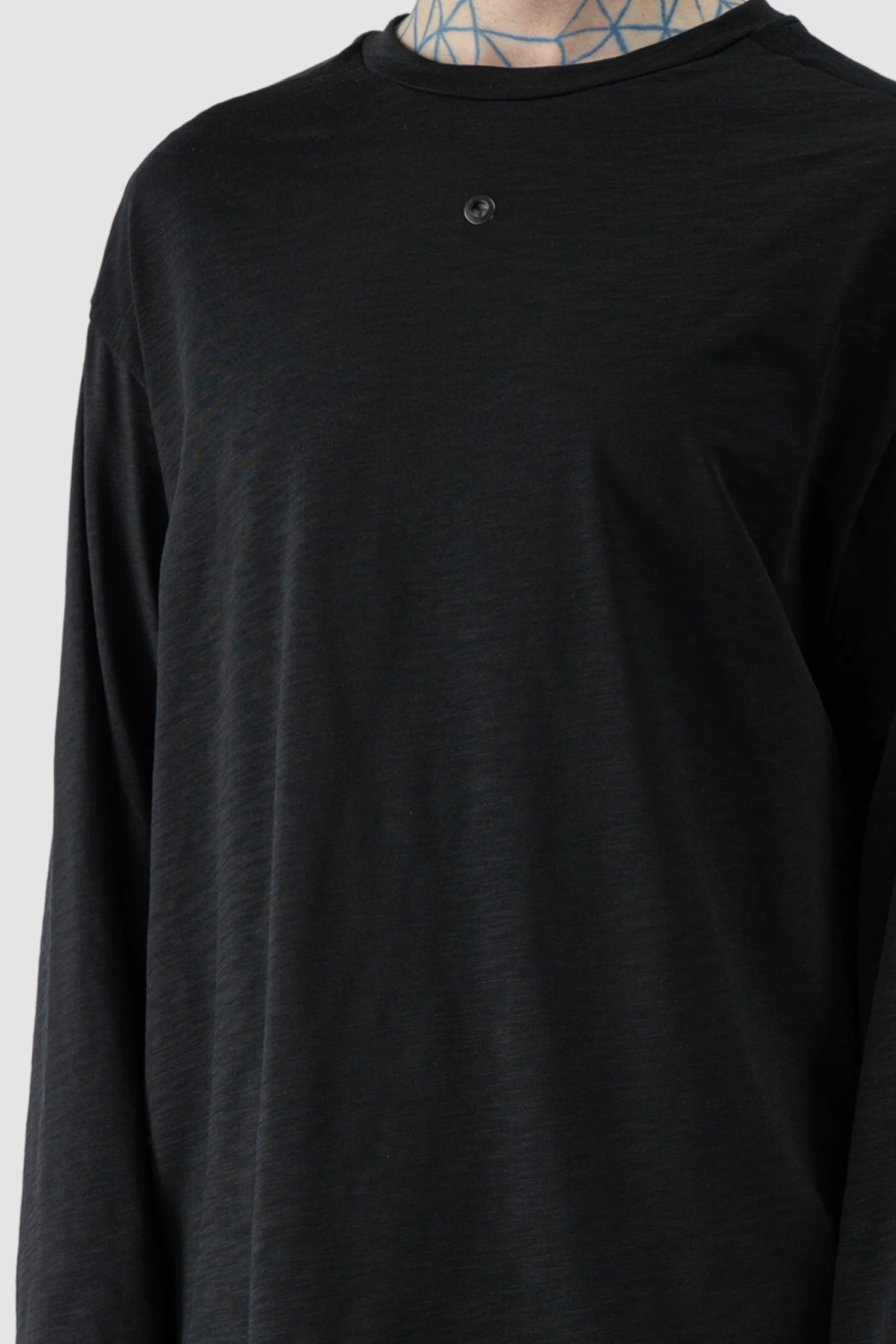 Gall Laboratories by Justin Gall - front detail view of men’s Black Cotton Back-Draped Oversize Long Sleeve T-Shirt