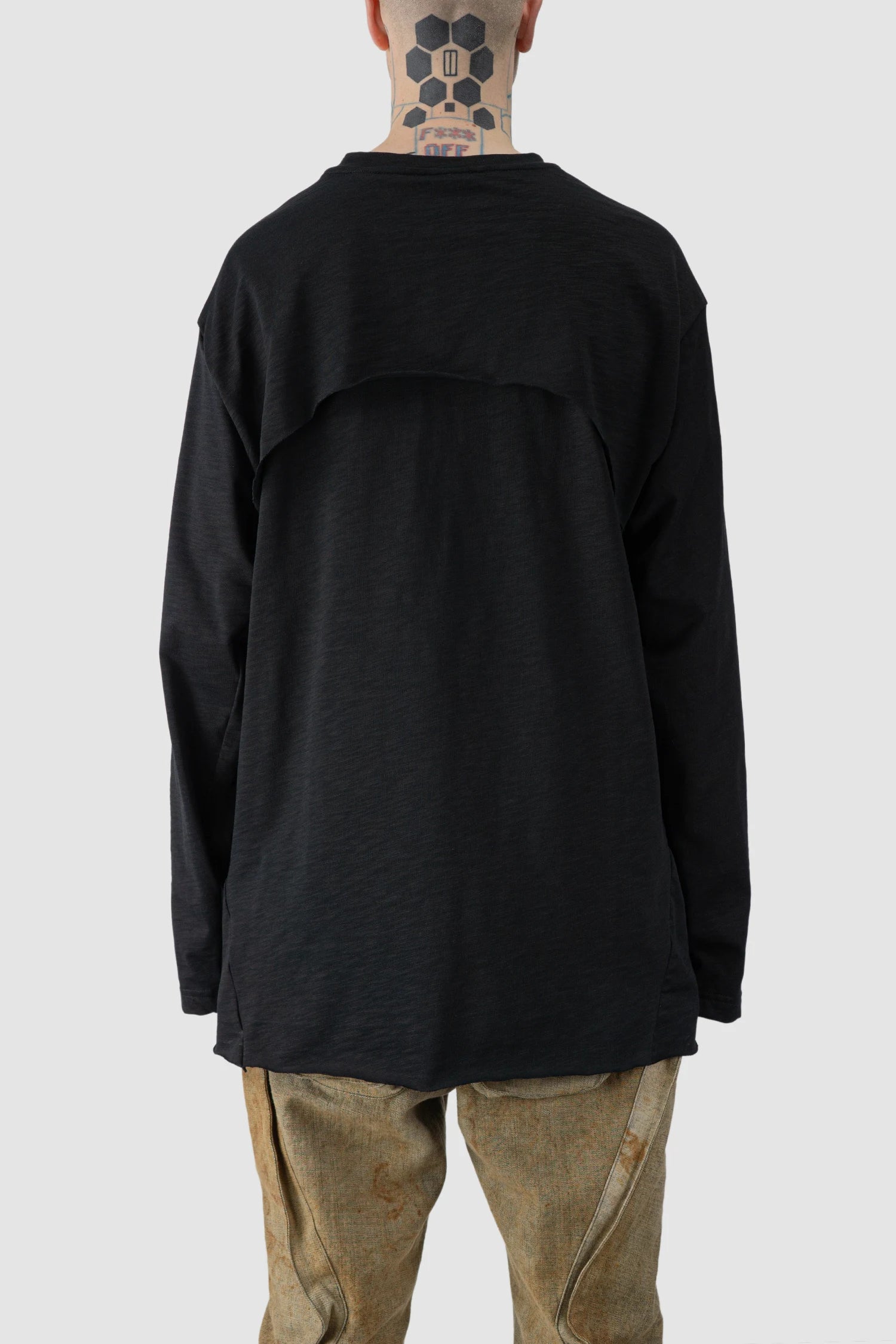 Gall Laboratories by Justin Gall - model back view of men’s Black Cotton Back-Draped Oversize Long Sleeve T-Shirt