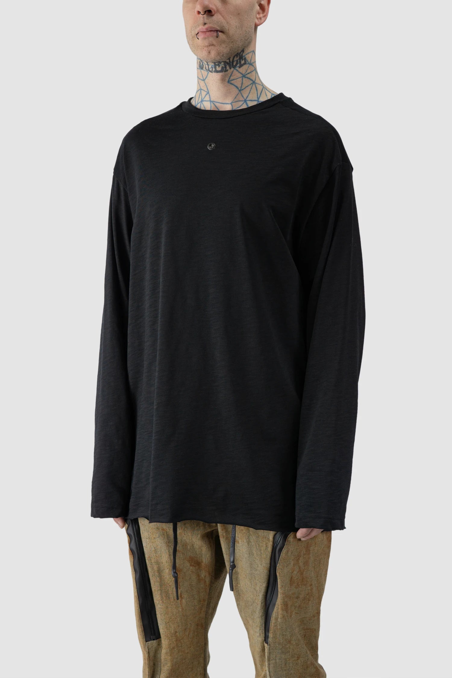 Gall Laboratories by Justin Gall - model side view of men’s Black Cotton Back-Draped Oversize Long Sleeve T-Shirt