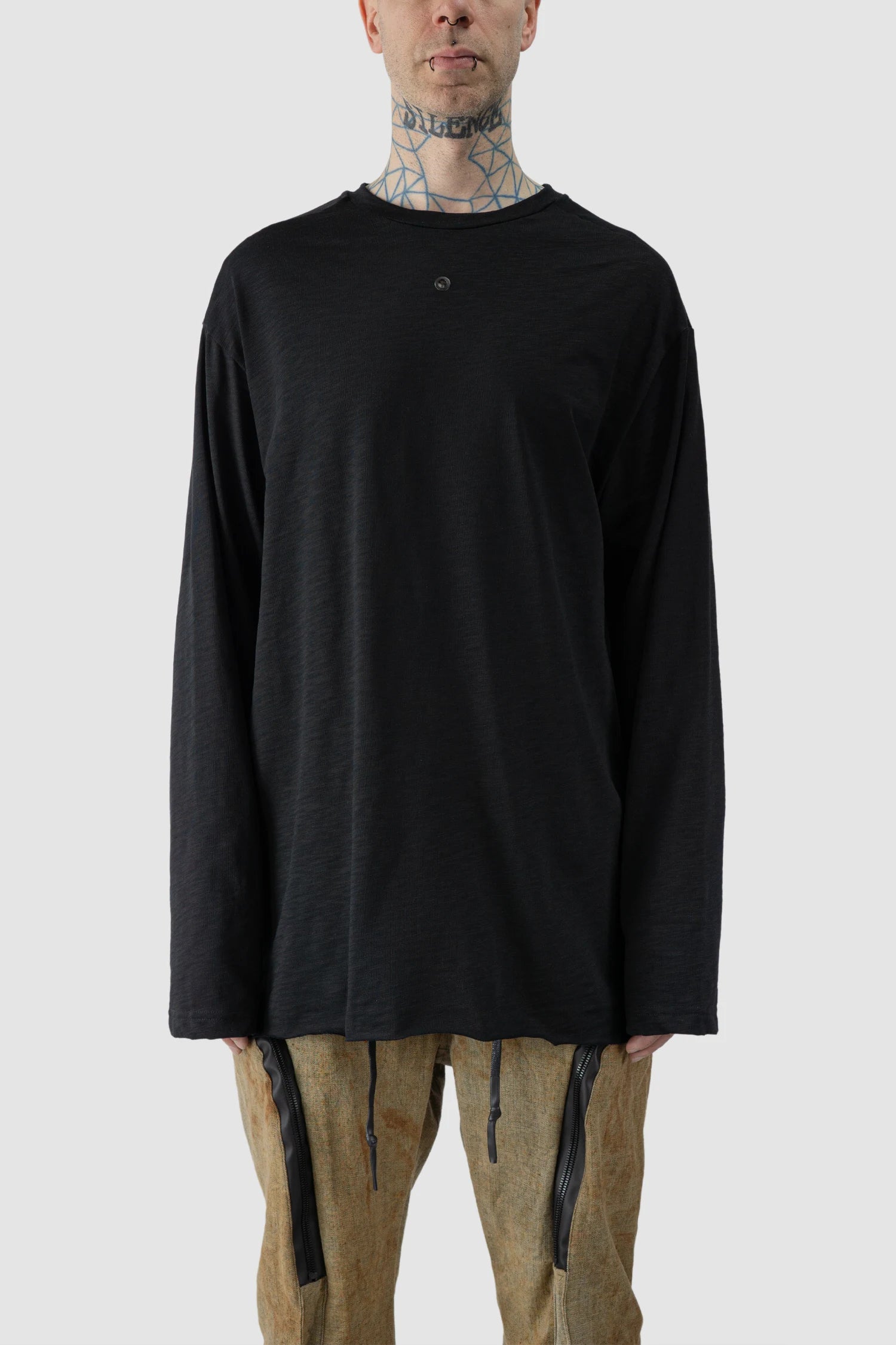 Gall Laboratories by Justin Gall - model front view of men’s Black Cotton Back-Draped Oversize Long Sleeve T-Shirt