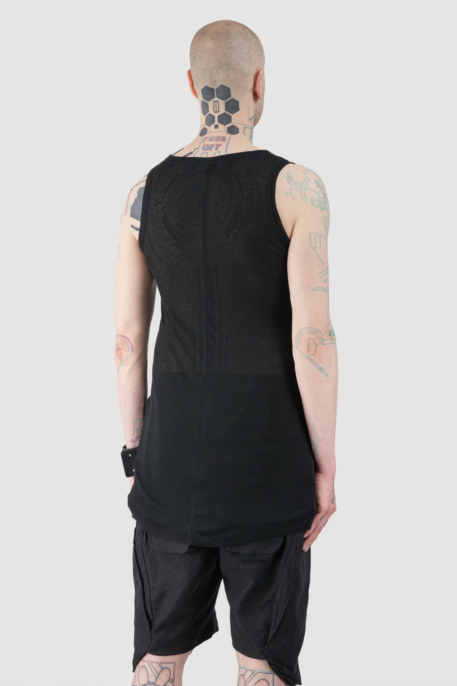 Gall Laboratories by Justin Gall - Men’s Black Linen Blend Curve Seam Tank Top model back side view