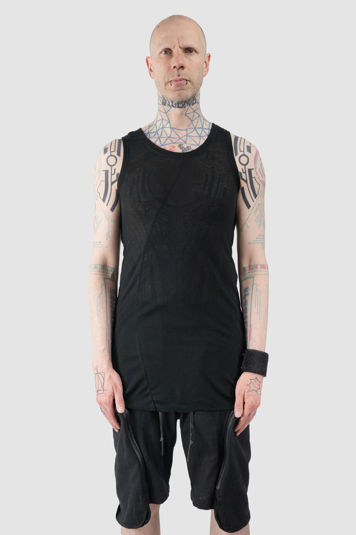 Gall Laboratories by Justin Gall - Men’s Black Linen Blend Curve Seam Tank Top model front view
