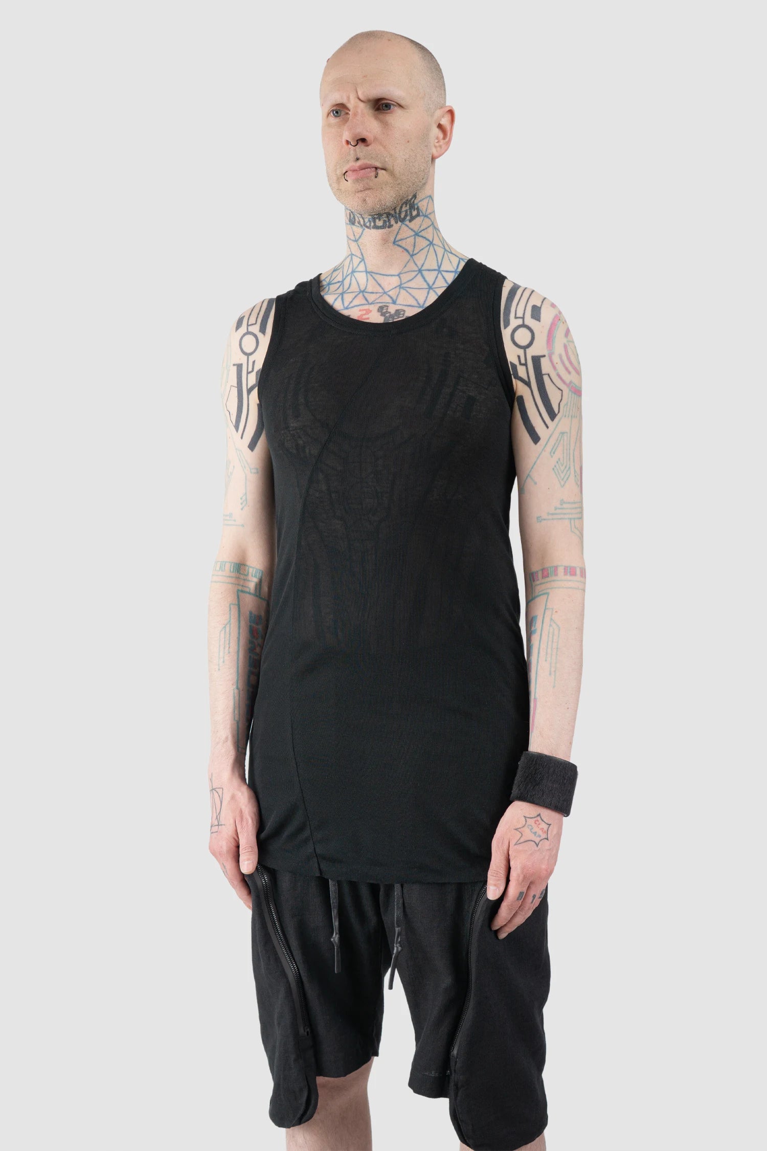 Gall Laboratories by Justin Gall - Men’s Black Linen Blend Curve Seam Tank Top model side view