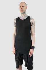 Gall Laboratories by Justin Gall - Men’s Black Linen Blend Curve Seam Tank Top model side view